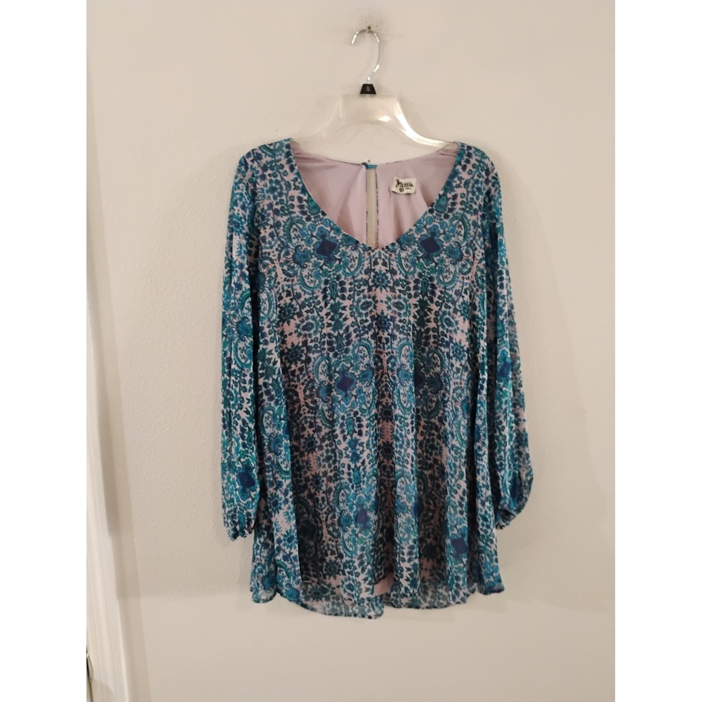 Show Me Your Mumu Teal Blue Paisley Floral V-Neck Long Sleeve Tunic Top Small